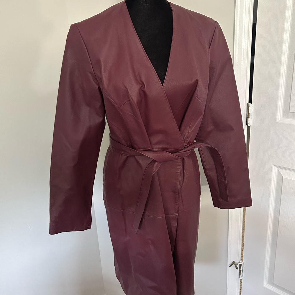 Newport News Burgundy Leather Trench Coat Elegant Design